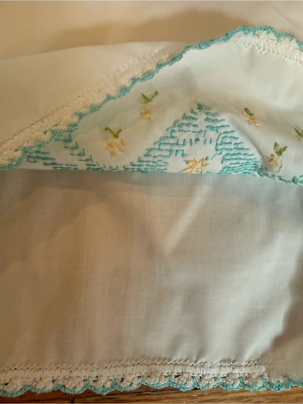 Vtg Pillowcases Pair Hand Embroidered Cross StitchTeal Gold Crochet Lace - Picture 7 of 10